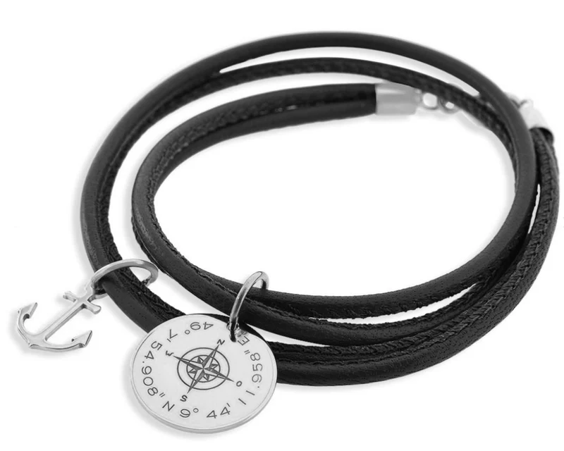 ARMBAND HERREN GRAVUR KOORDINATEN LEDERARMBAND GEWICKELT KOMPASS ANKER