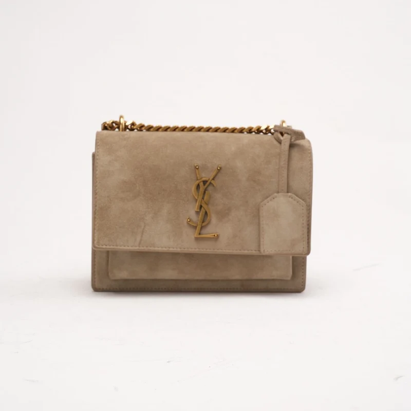 Saint Laurent Wildledertasche „Sunset“, klein, dunkelbeige, 2023