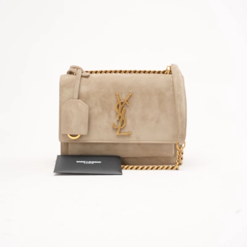 Saint Laurent Große Sunset Tasche aus dunkelbeigem Wildleder 2023