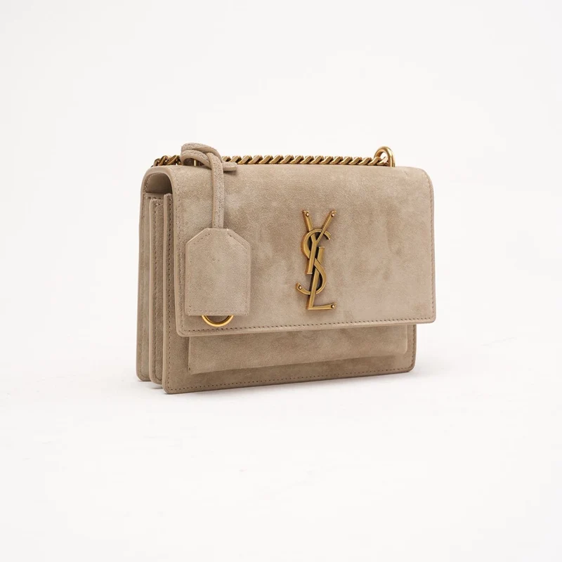 Saint Laurent Große Sunset Tasche aus dunkelbeigem Wildleder 2023