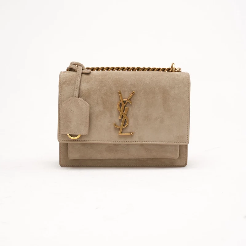 Saint Laurent Große Sunset Tasche aus dunkelbeigem Wildleder 2023