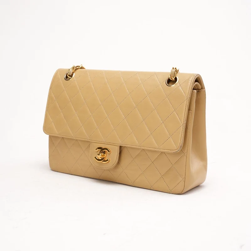 Chanel Vintage Beige Lammleder Medium Classic Double Flap Bag 1988