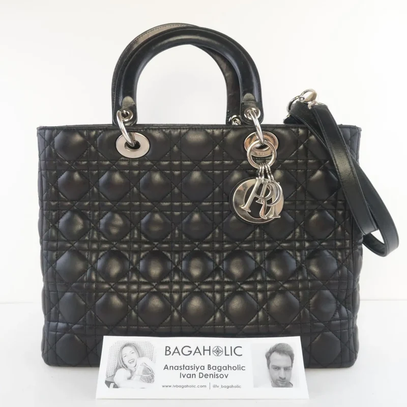 Christian Dior Black Cannage Lambskin Large Lady Dior Shoulder Bag