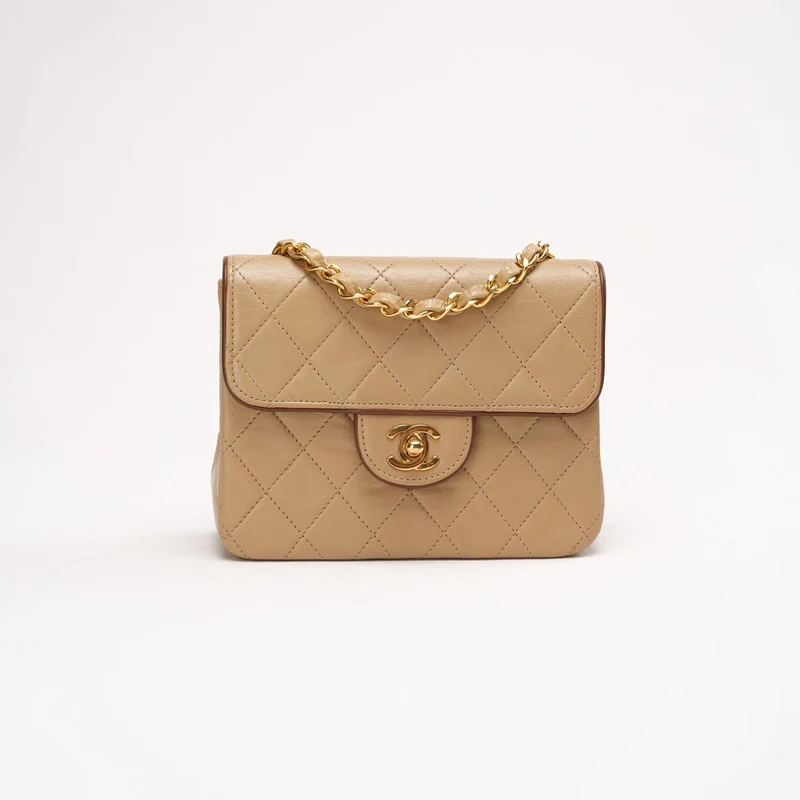 Chanel Vintage Beige Zweifarbige Mini Square Flap Bag aus Lammleder 1991