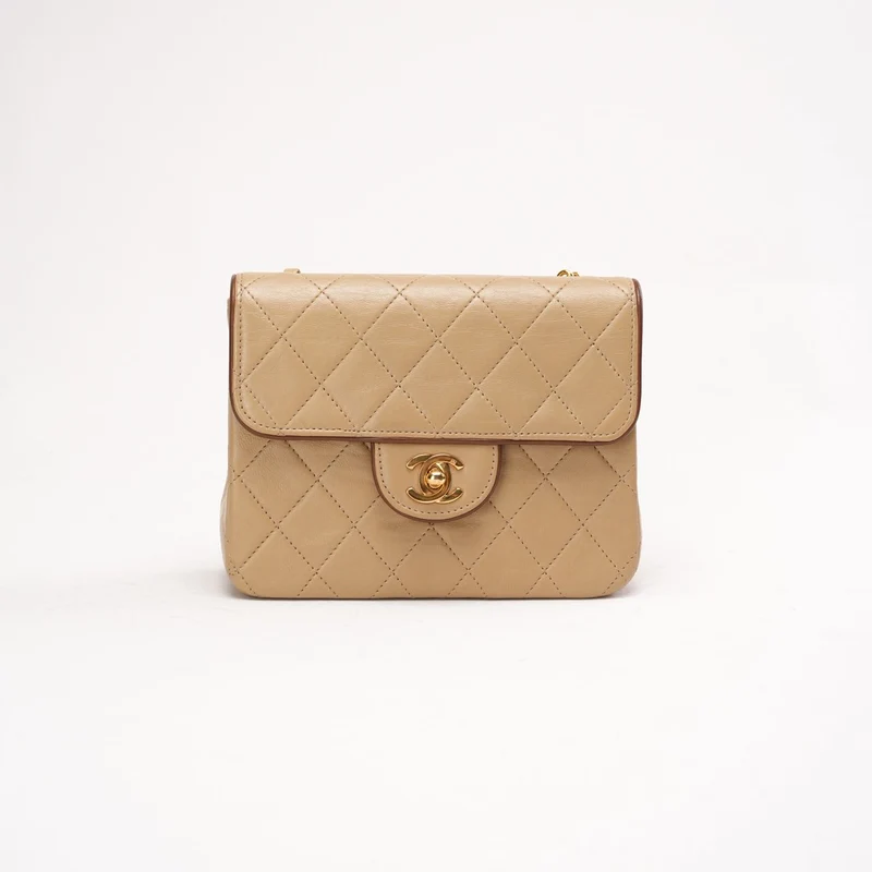 Chanel Vintage Beige Zweifarbige Mini Square Flap Bag aus Lammleder 1991
