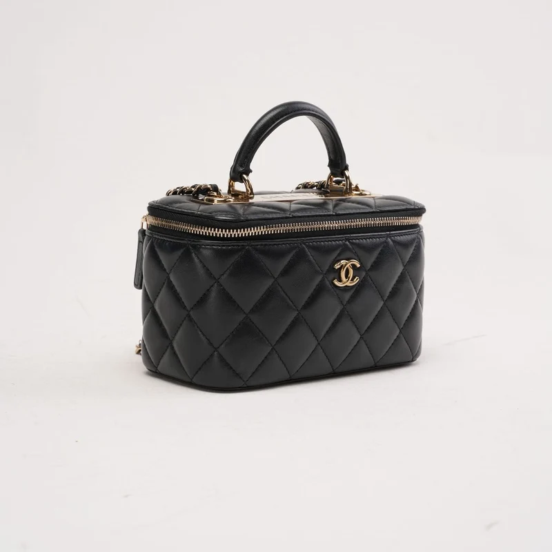 Chanel Classic Long Vanity Case aus schwarzem Lammleder mit Tragegriff