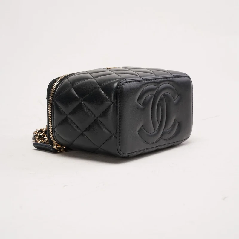 Chanel Classic Long Vanity Case aus schwarzem Lammleder mit Tragegriff