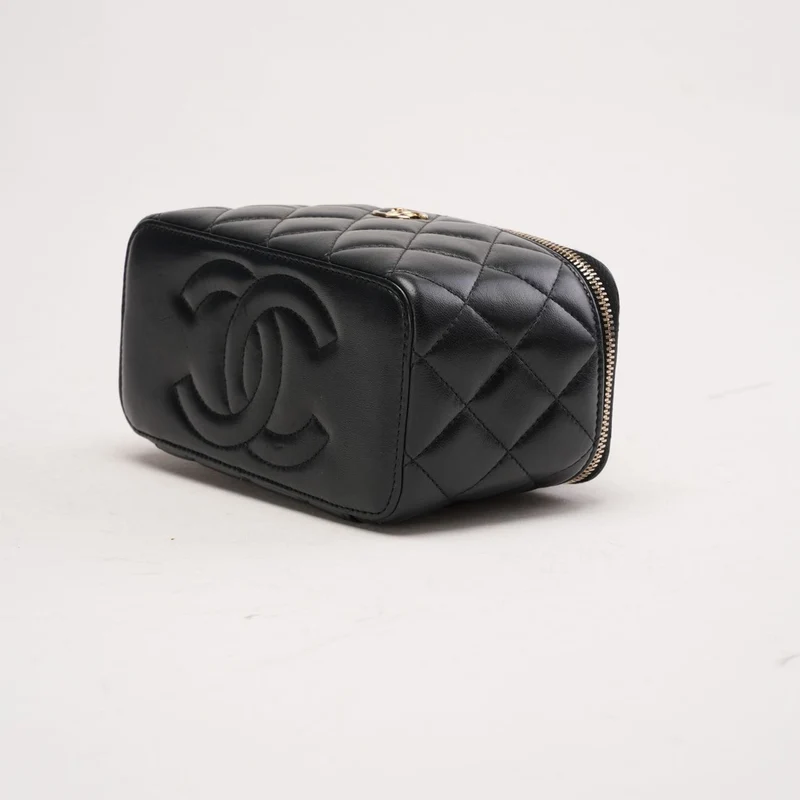 Chanel Classic Long Vanity Case aus schwarzem Lammleder mit Tragegriff