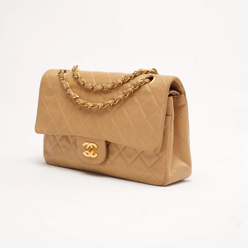 Chanel Vintage Medium Classic Double Flap Bag aus Lammleder, Beige, 1996