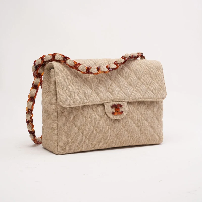 Chanel Vintage Jumbo Classic Single Flap Leinen-Canvas Beige 1997