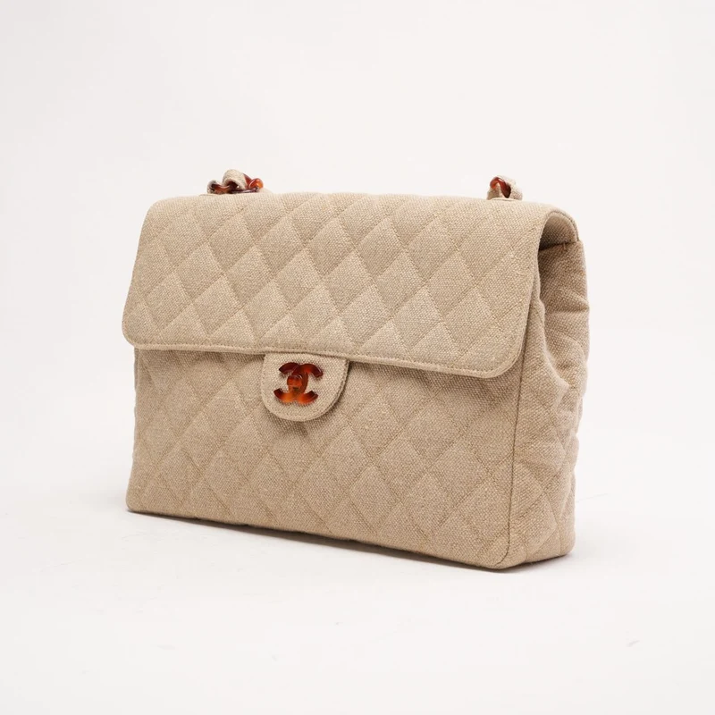 Chanel Vintage Jumbo Classic Single Flap Leinen-Canvas Beige 1997