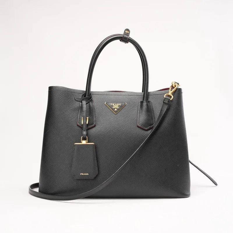 Prada Saffiano Leder Schwarz/Rot Große Doppeltasche Goldbeschläge
