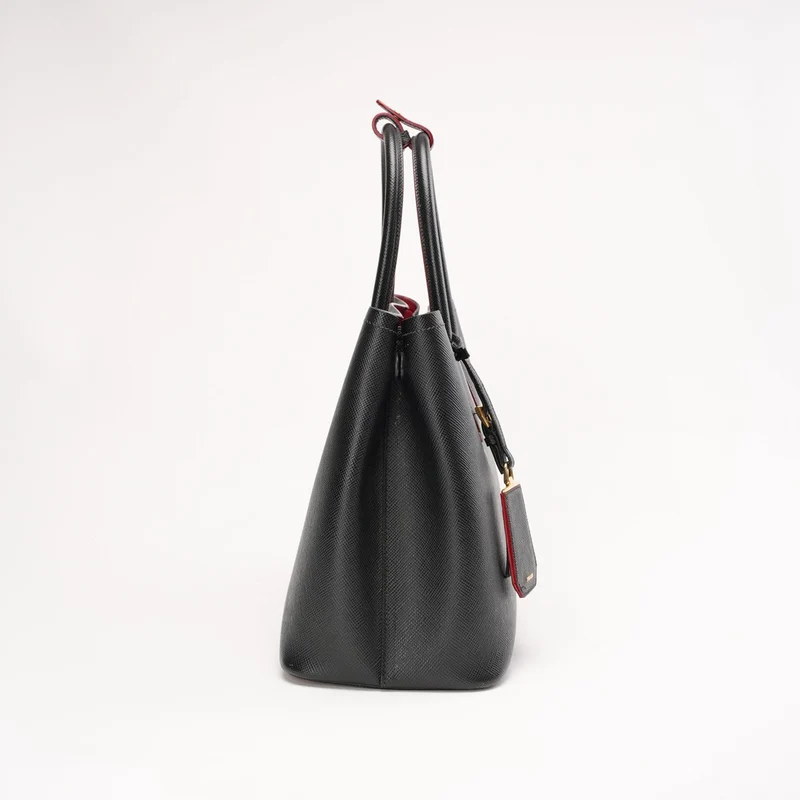 Prada Saffiano Leder Schwarz/Rot Große Doppeltasche Goldbeschläge
