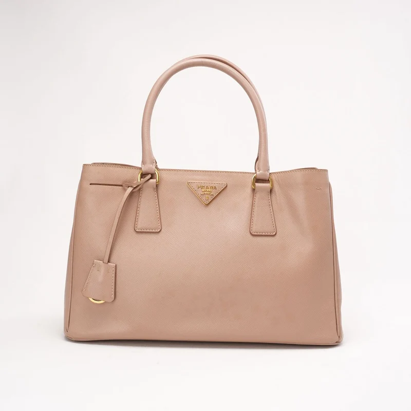 Prada Saffiano Lux Galleria Mittelgroße Einkaufstasche mit doppeltem Reißverschluss, Cammeo Beige