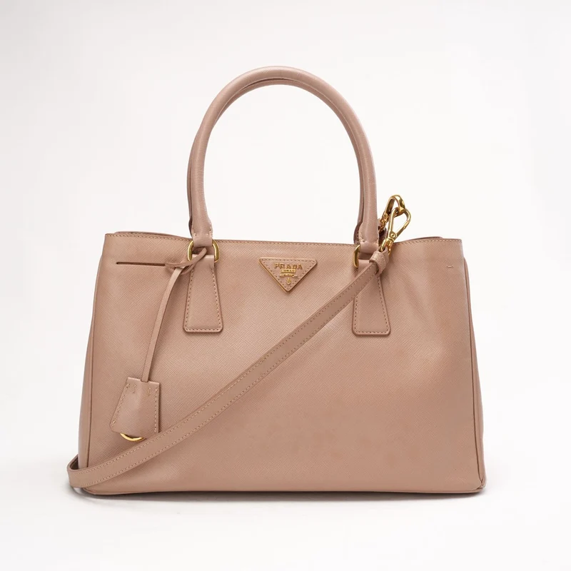 Prada Saffiano Lux Galleria Mittelgroße Einkaufstasche mit doppeltem Reißverschluss, Cammeo Beige