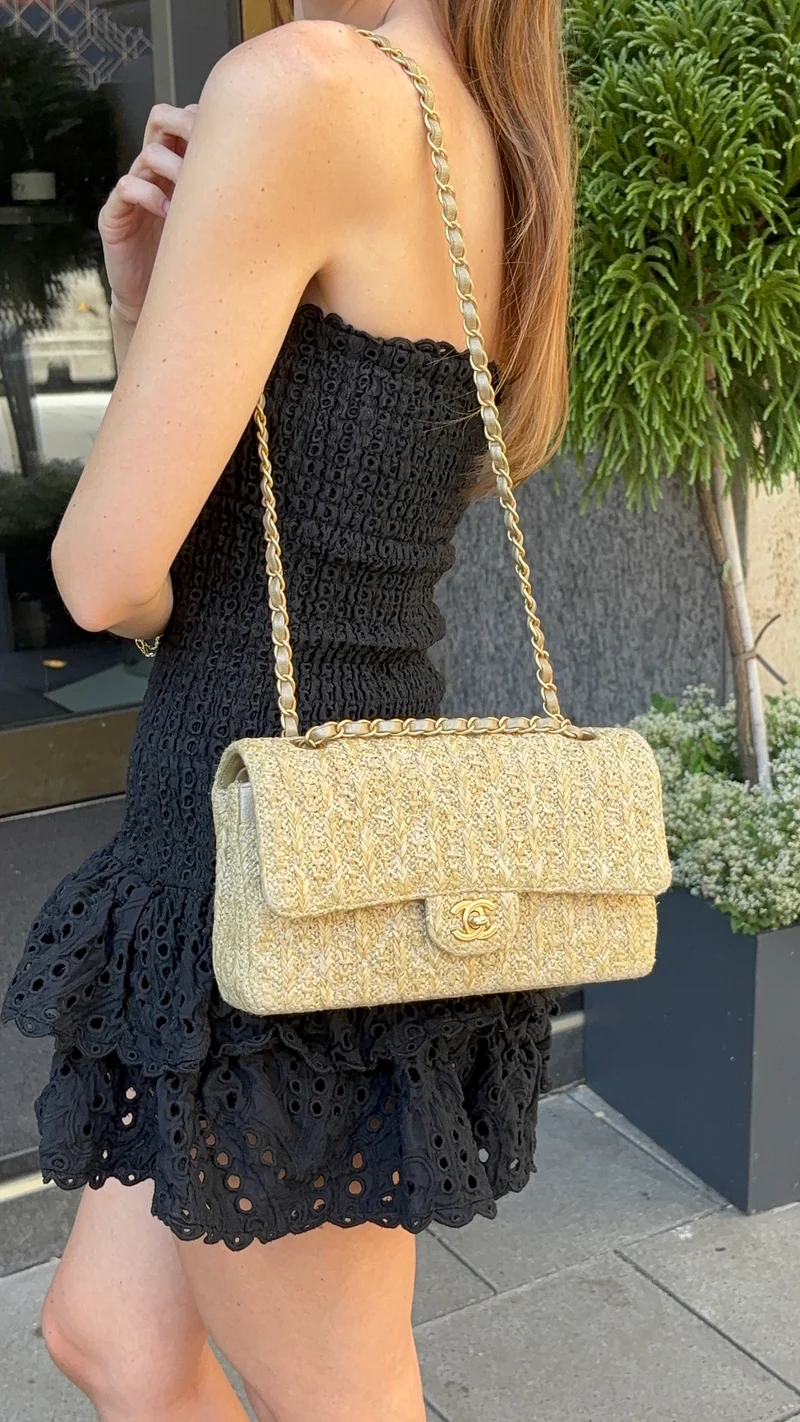 Chanel Raffia Classic Double Flap Beige 2018