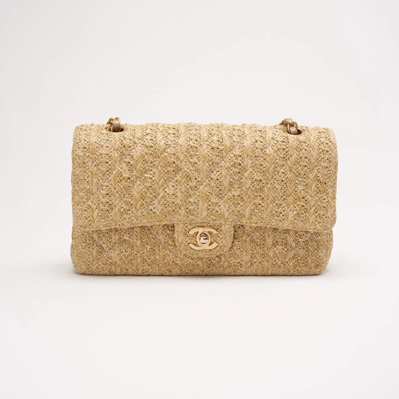 Chanel Raffia Classic Double Flap Beige 2018