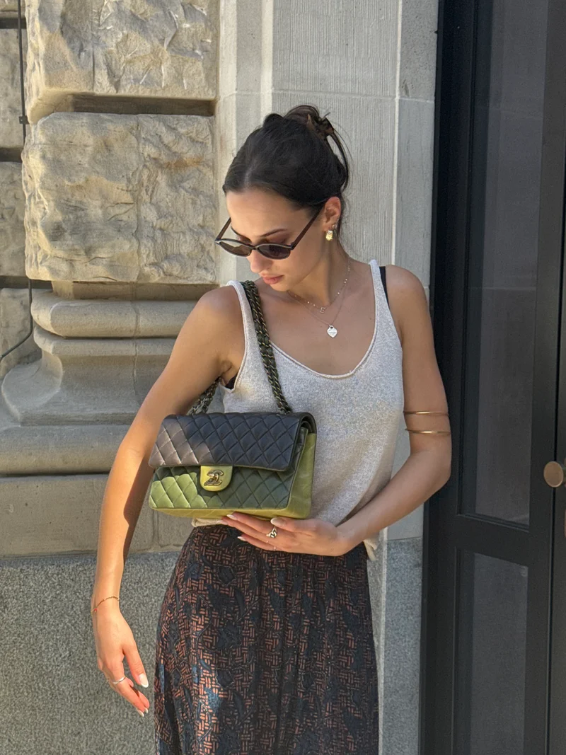 Chanel Stepptasche aus Lammleder, dreifarbig, mittelgroß, Doppelflap, Grün, 2014