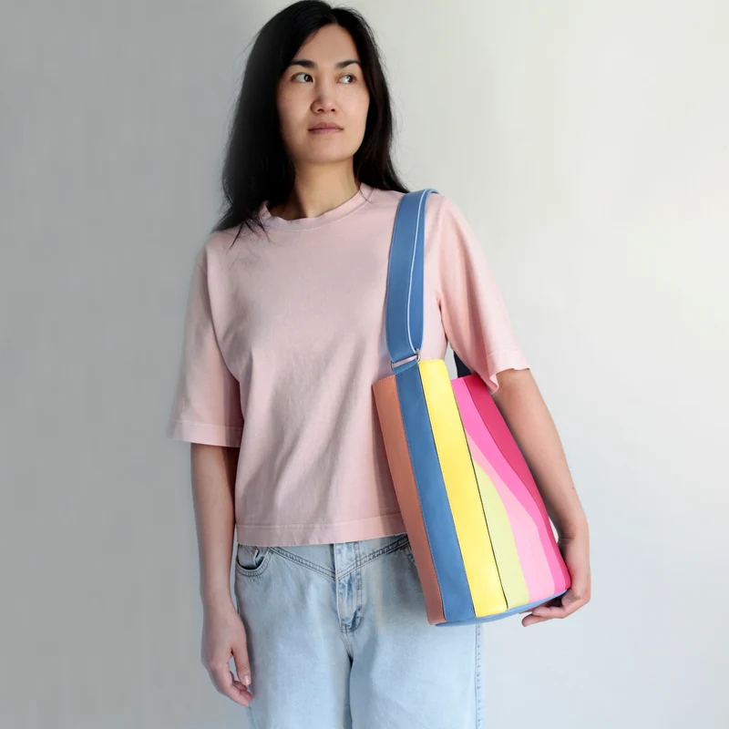 Bunte Bucket Bag aus Leder, Handgefertigte Schultertasche