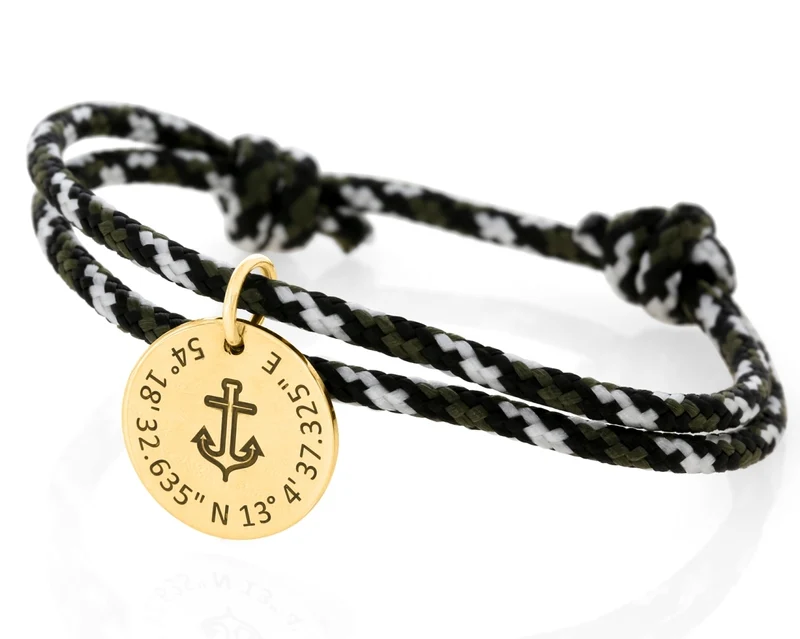 Armband Seil 3mm schwarz weiß khaki Anker Anhänger vergoldet Gravur