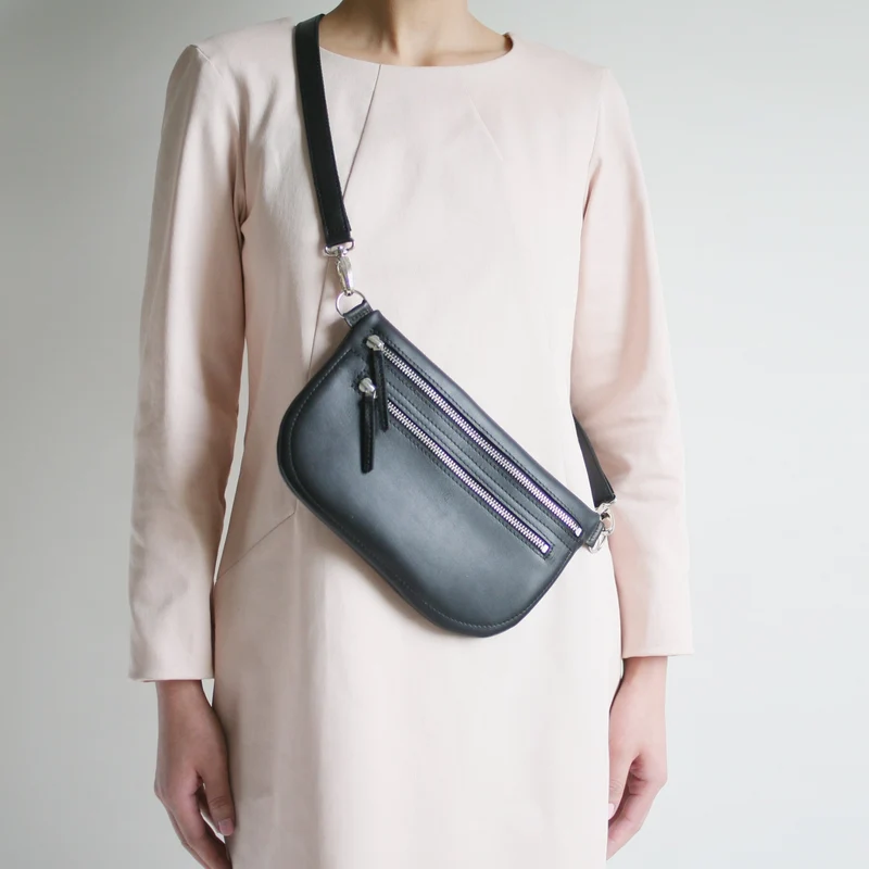 Große flache Gürteltasche DOPPELZIP Schwarz
