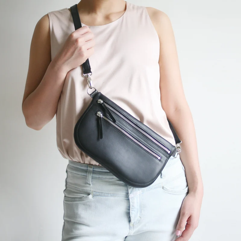 Große flache Gürteltasche DOPPELZIP Schwarz