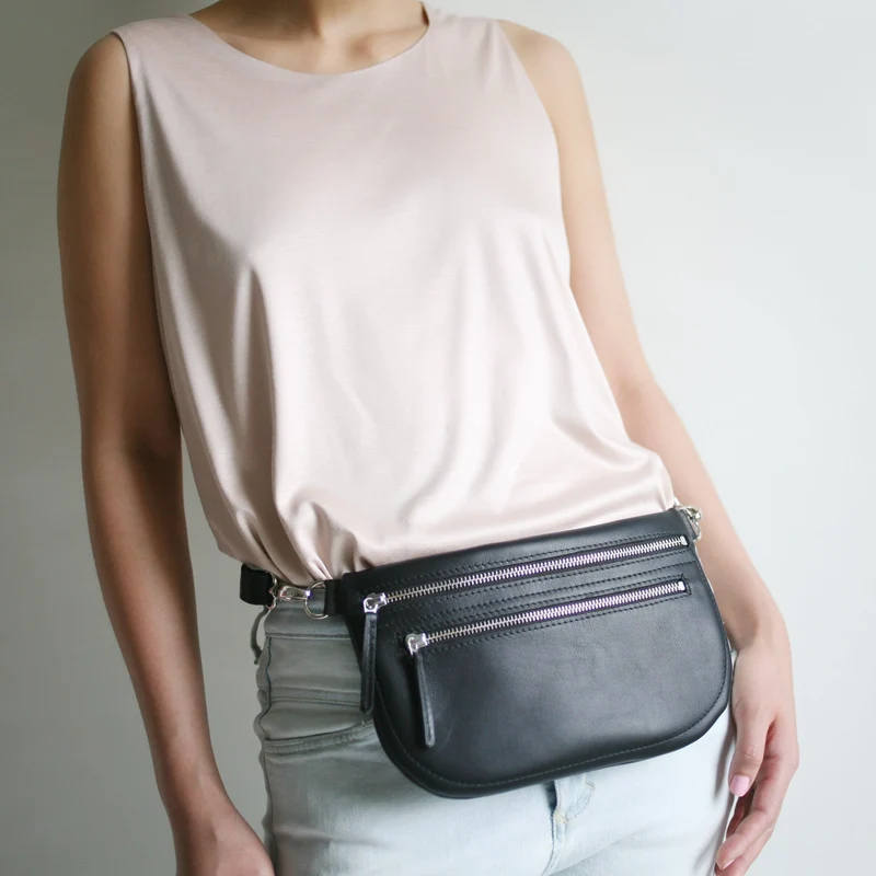 Große flache Gürteltasche DOPPELZIP Schwarz