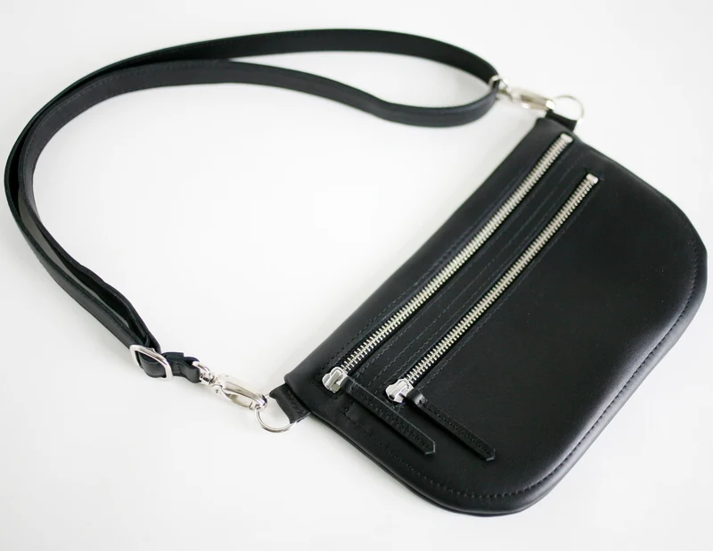 Große flache Gürteltasche DOPPELZIP Schwarz