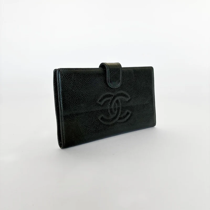 Chanel CC French Long Wallet aus schwarzem Kaviarleder