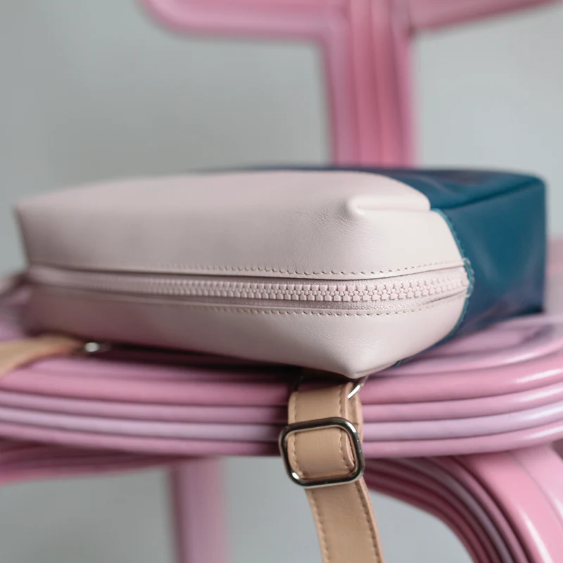 Schultertasche BOX Blau / Blush / Hellbraun