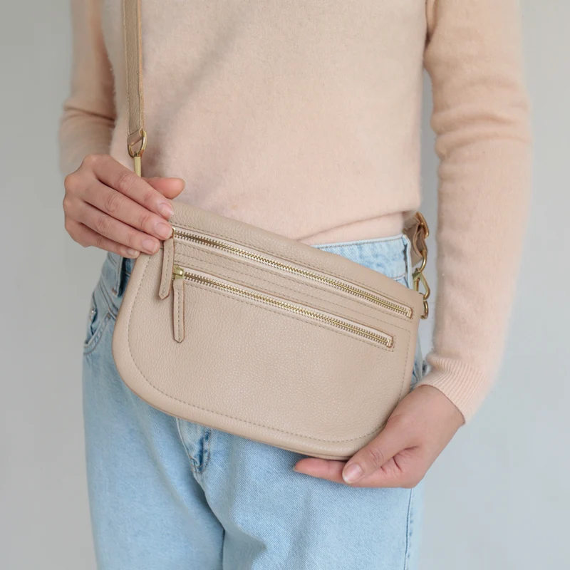 Große flache Gürteltasche DOPPELZIP Cappuccino