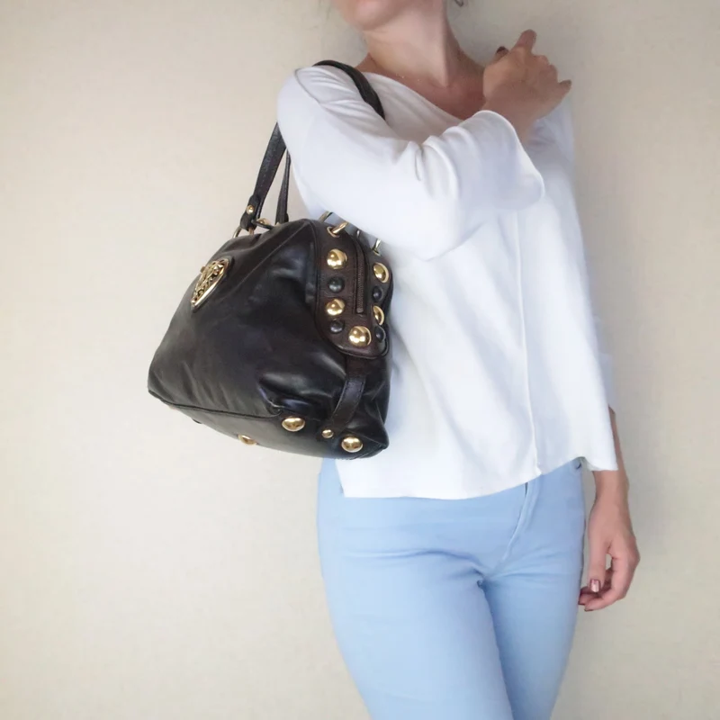 Gucci Black Leather Babouska Heart Dome Medium Satchel Bag