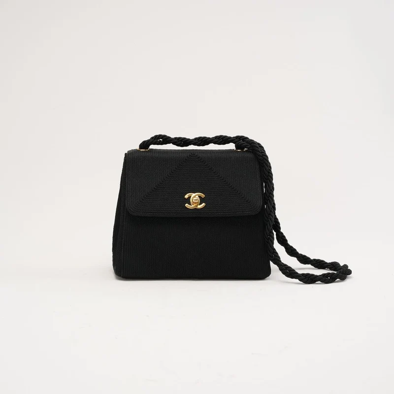 Chanel Vintage Mini Kelly Flap Bag aus Seidenseil, schwarz, 1997