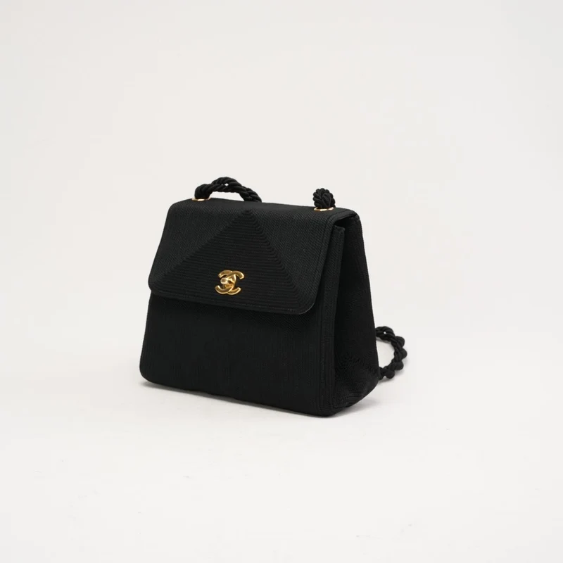Chanel Vintage Mini Kelly Flap Bag aus Seidenseil, schwarz, 1997