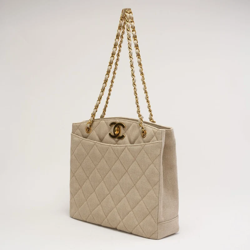 Chanel Vintage Leinen Coco Mark Ketten-Schultertasche Beige 1996