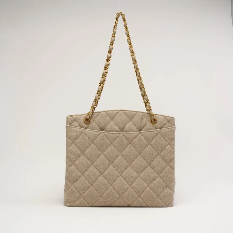 Chanel Vintage Leinen Coco Mark Ketten-Schultertasche Beige 1996