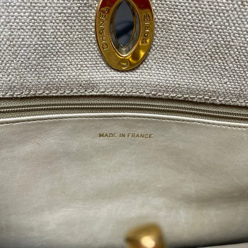 Chanel Vintage Leinen Coco Mark Ketten-Schultertasche Beige 1996