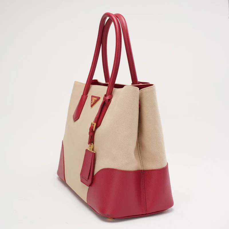 Prada Beige und Rot Canapa Saffiano Doppeltasche