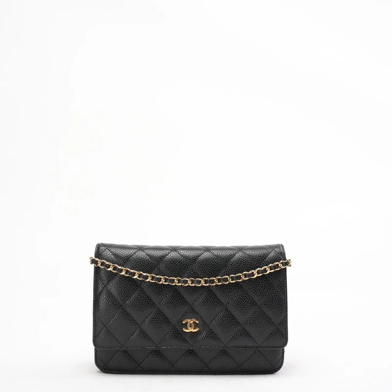 Chanel Schwarze klassische Brieftasche mit Kette (WOC) Caviar 2015