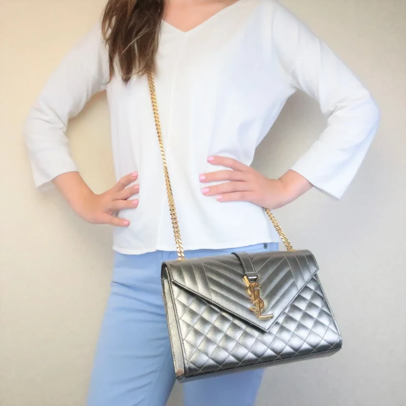 YSL Saint Laurent Silver Caviar Medium Envelope Bag