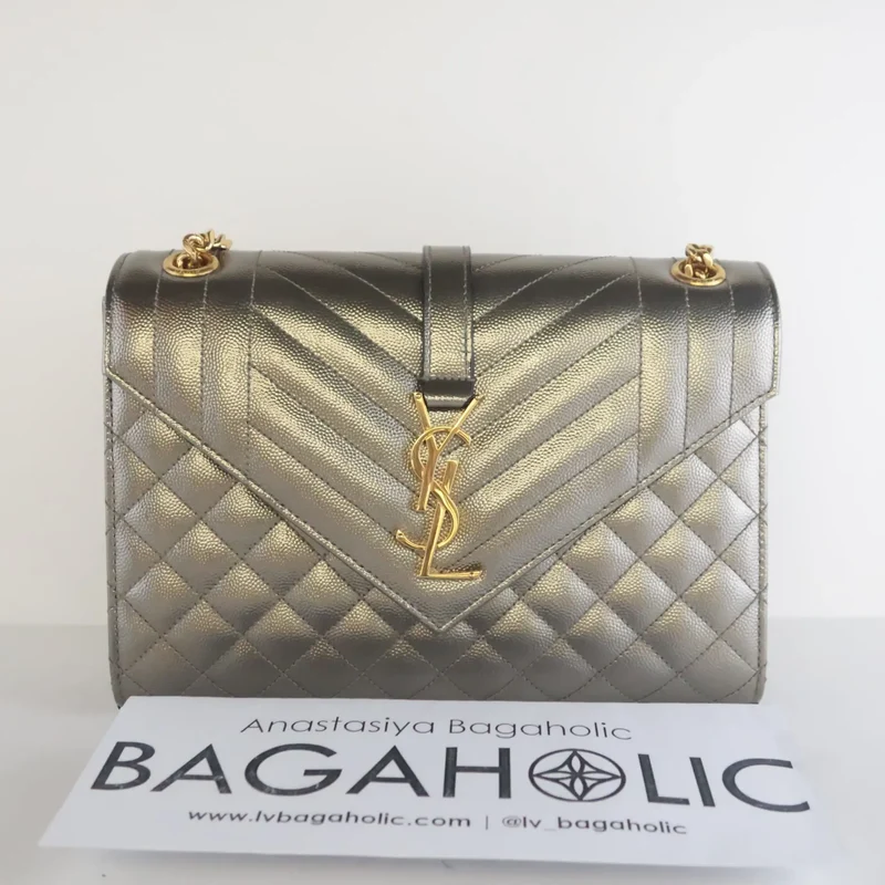 YSL Saint Laurent Silver Caviar Medium Envelope Bag