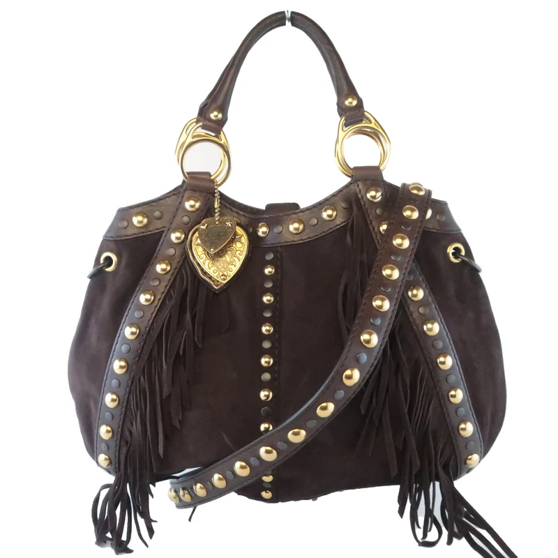 Gucci Runway Brown Suede Babouska Large Fringe Studded Tote bag