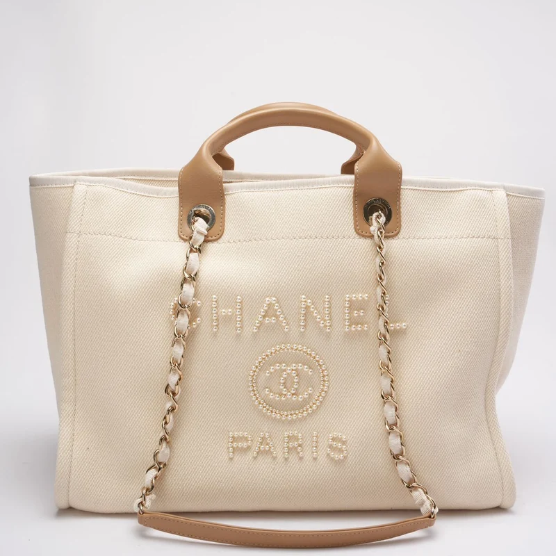 Chanel Deauville Shopping-Tasche mit großen weißen Perlen, Modell 2020