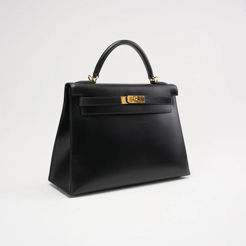 Hermes Schwarze Kelly 32 Sellier in Box Leder 2000