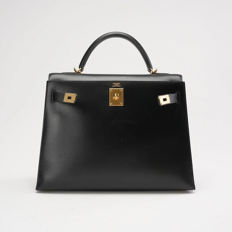 Hermes Schwarze Kelly 32 Sellier in Box Leder 2000