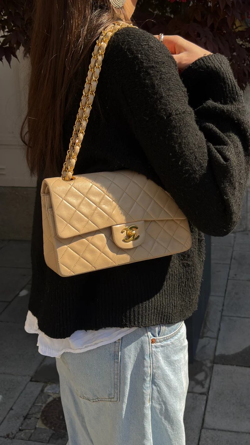Chanel Vintage Beige Kleine Doppelflap-Tasche 1991