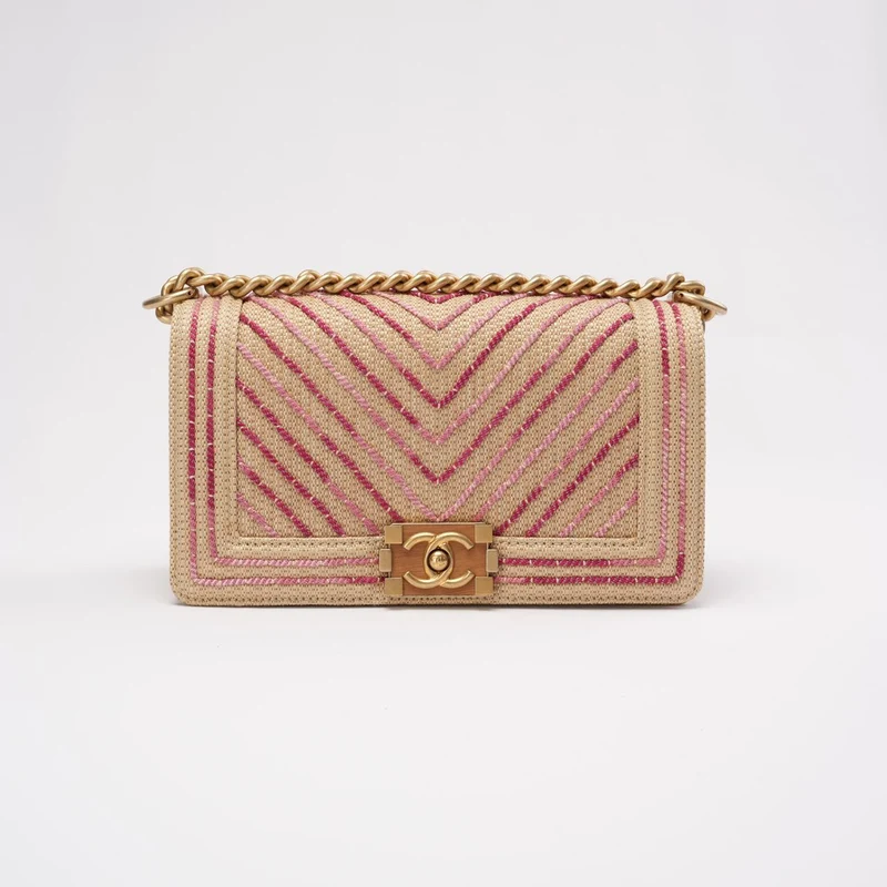 Chanel Medium Boy Flap Chevron Raffia & Leather Pink 2018