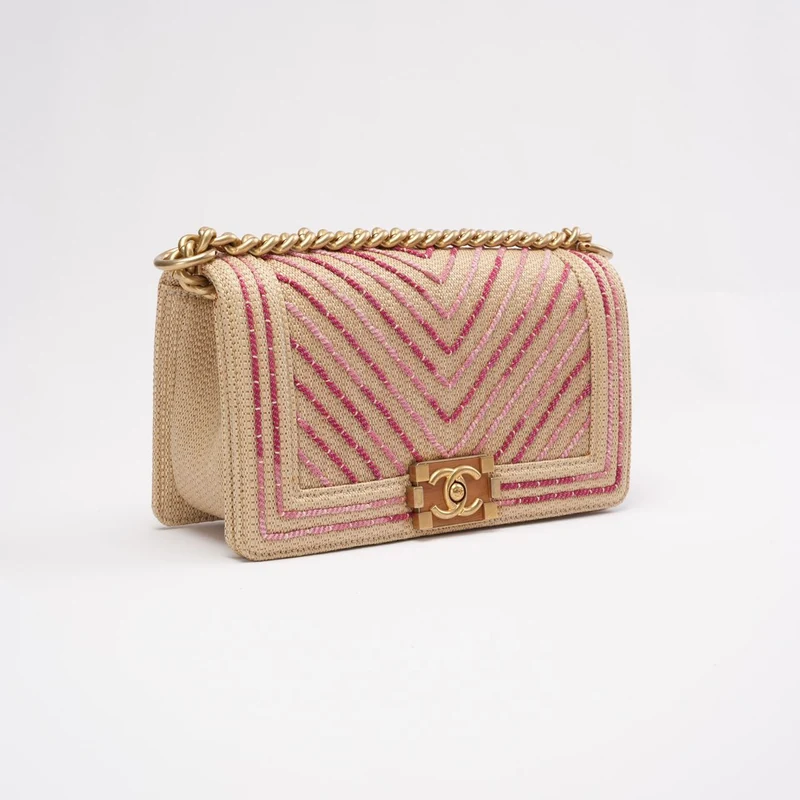 Chanel Medium Boy Flap Chevron Raffia & Leather Pink 2018