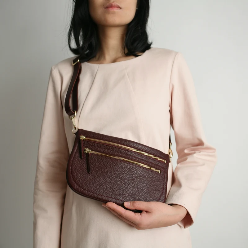 Große flache Gürteltasche DOPPELZIP Bordeaux