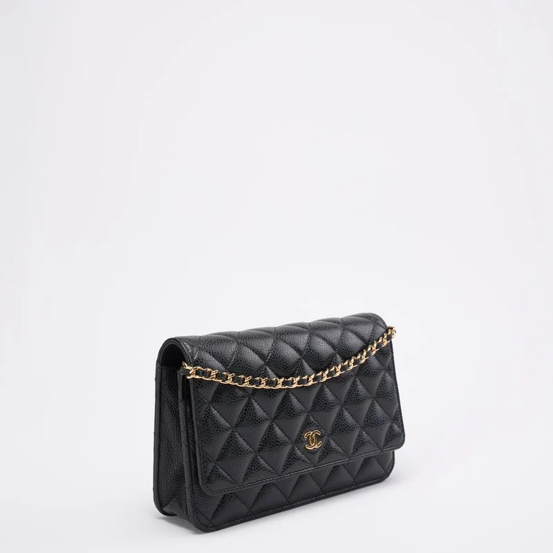 Chanel Klassische Geldbörse mit Kette aus schwarzem, gestepptem Kaviarleder 2021